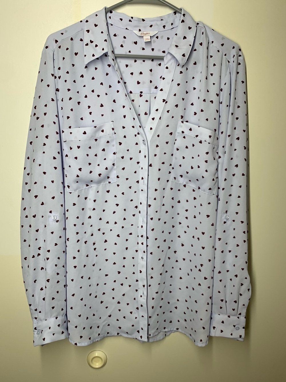 Candie’s Womens light blue heart print button up shirt with brown hearts S XXL